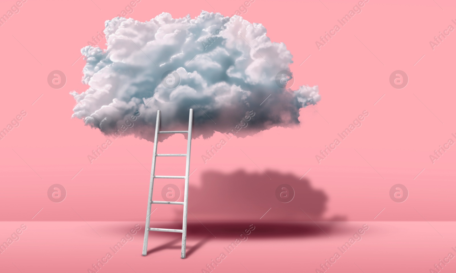 Image of Ladder leading to cloud on pink background