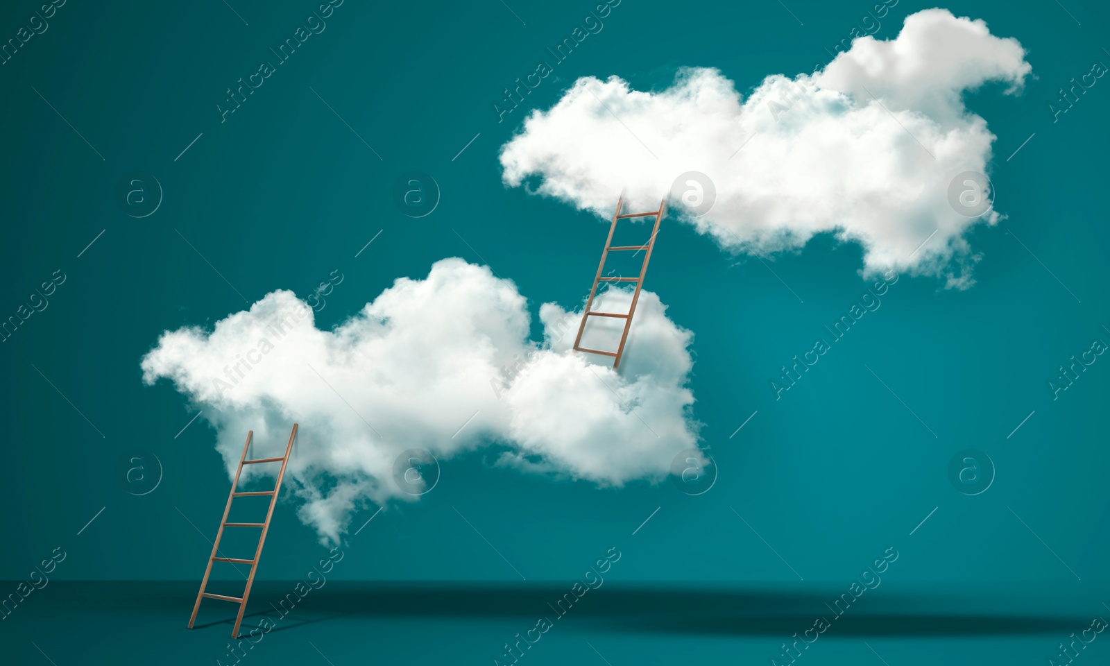 Image of Ladders leading to clouds on teal background