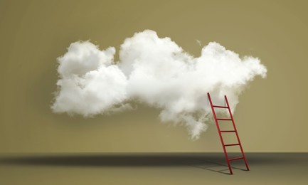 Image of Ladder leading to clouds on olive color background