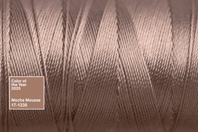 Image of Mocha mousse - color of 2025 year. Sewing thread in brown shade, closeup