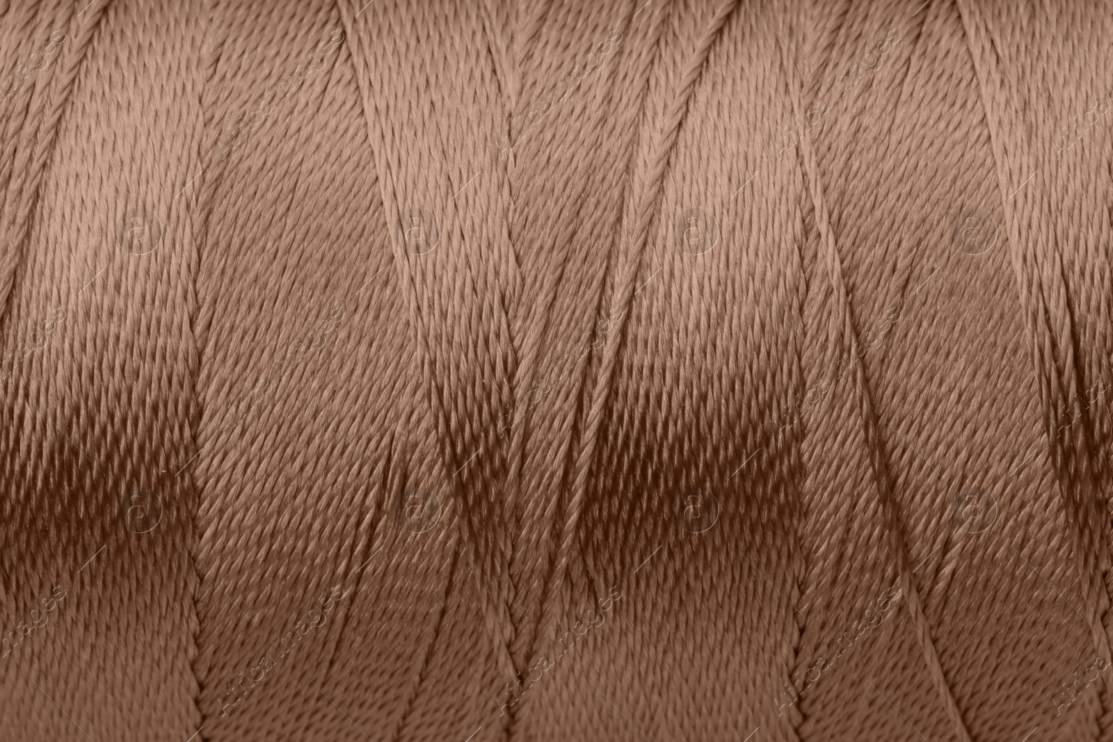 Image of Sewing thread in mocha mousse shade, closeup. Trendy color of 2025 year