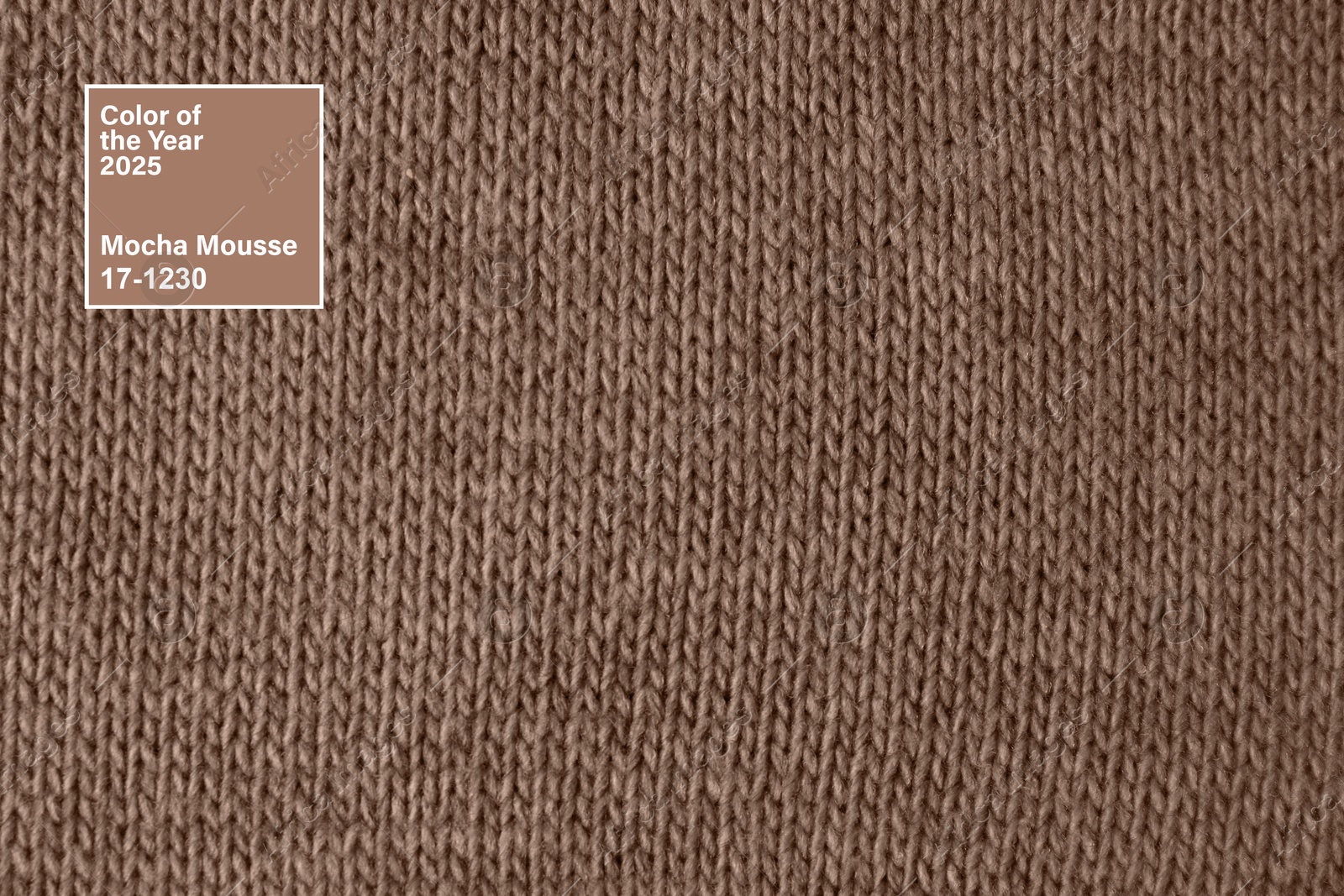 Image of Mocha mousse - color of 2025 year. Knitted fabric in brown shade, closeup