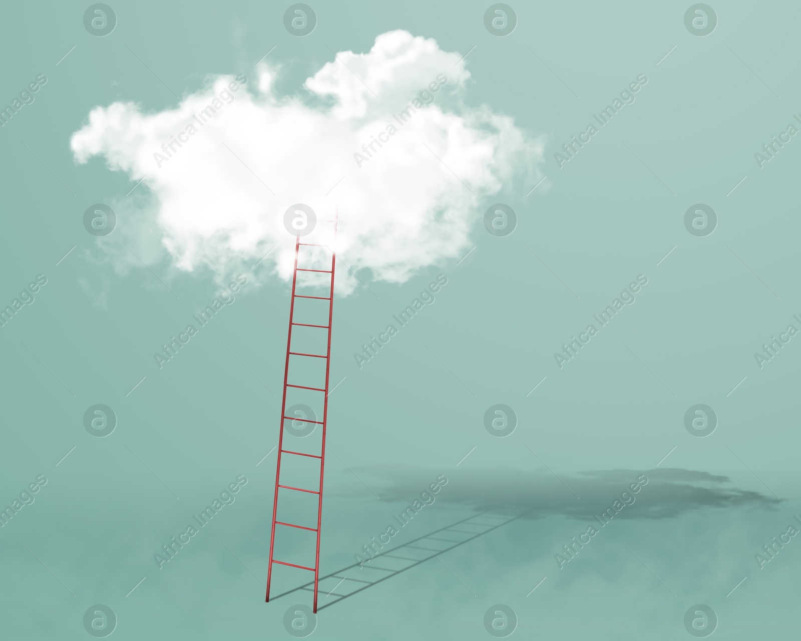 Image of Ladder leading to cloud on pale aquamarine color background