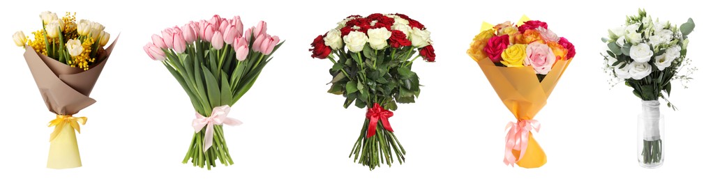 Image of Different beautiful bouquets isolated on white, set