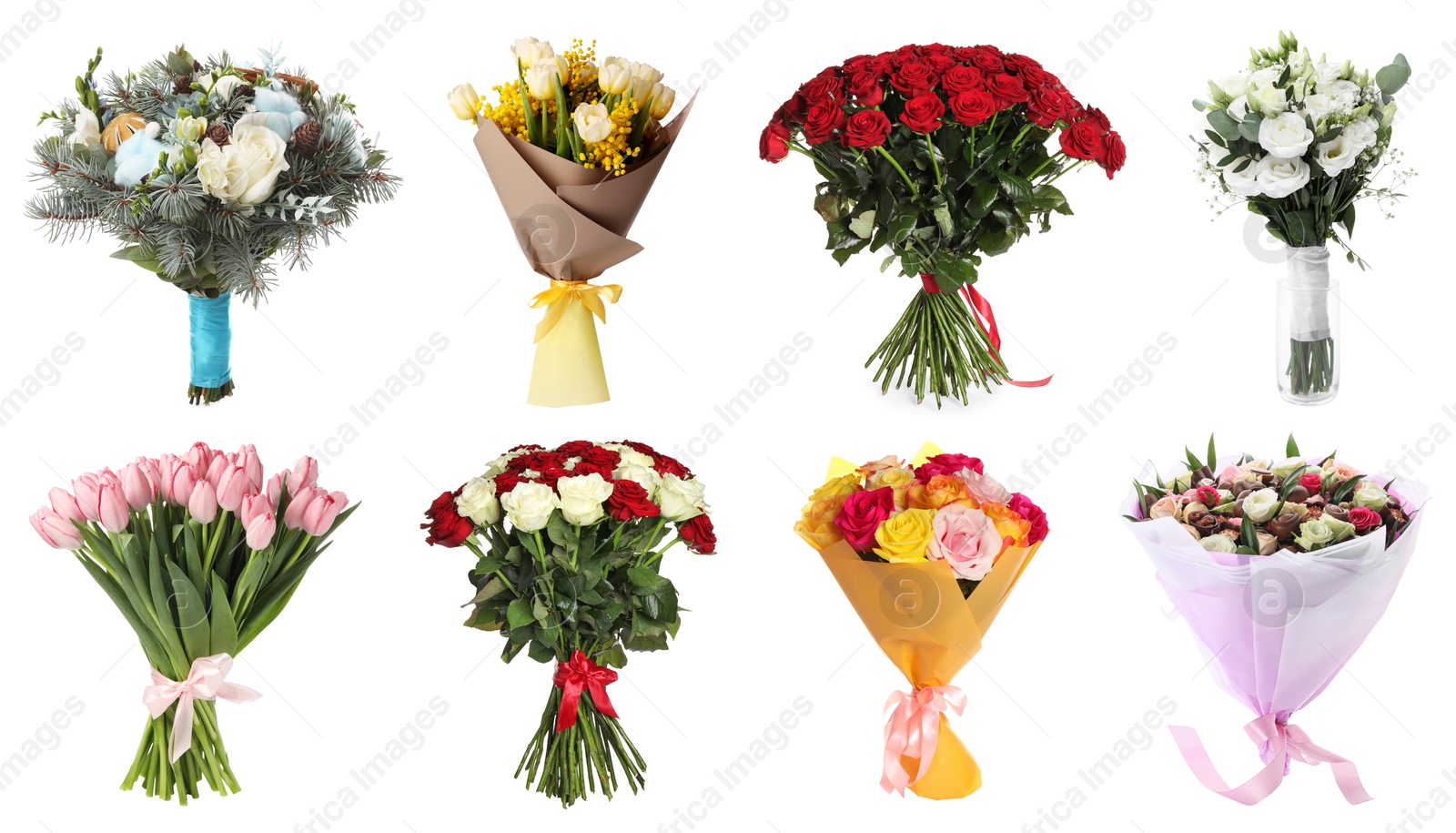 Image of Different beautiful bouquets isolated on white, set