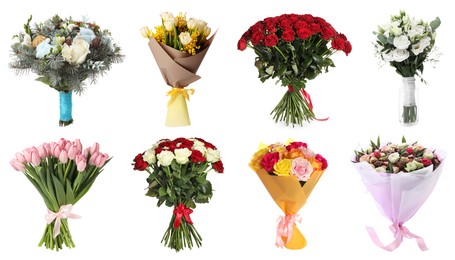 Image of Different beautiful bouquets isolated on white, set