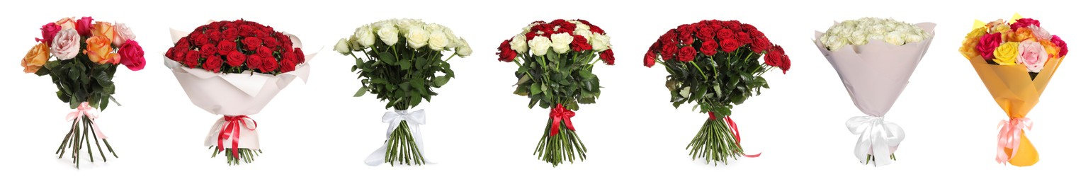 Image of Different beautiful bouquets isolated on white, set