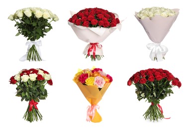 Image of Different beautiful bouquets isolated on white, set