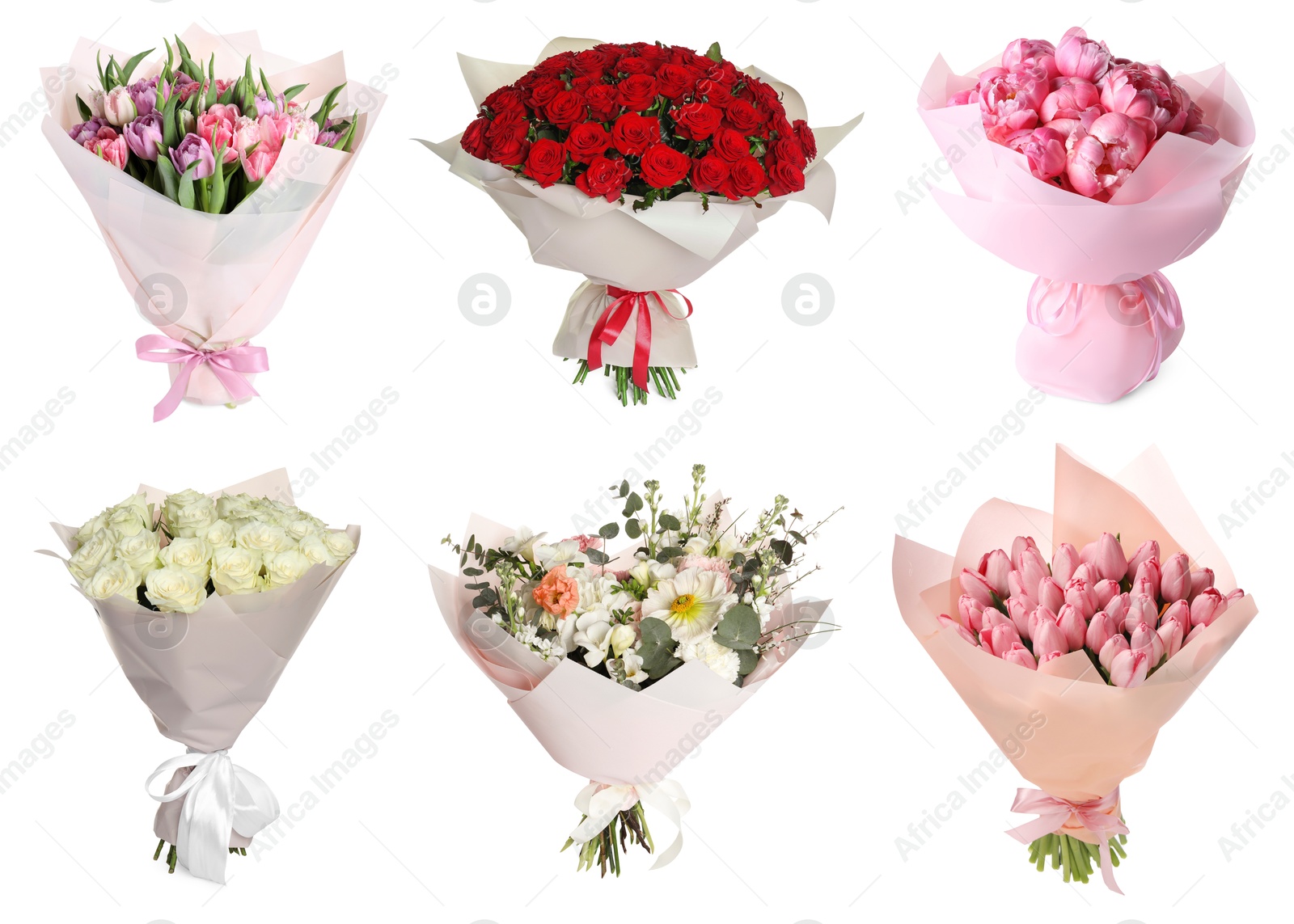 Image of Different beautiful bouquets isolated on white, set