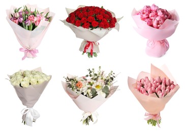 Image of Different beautiful bouquets isolated on white, set