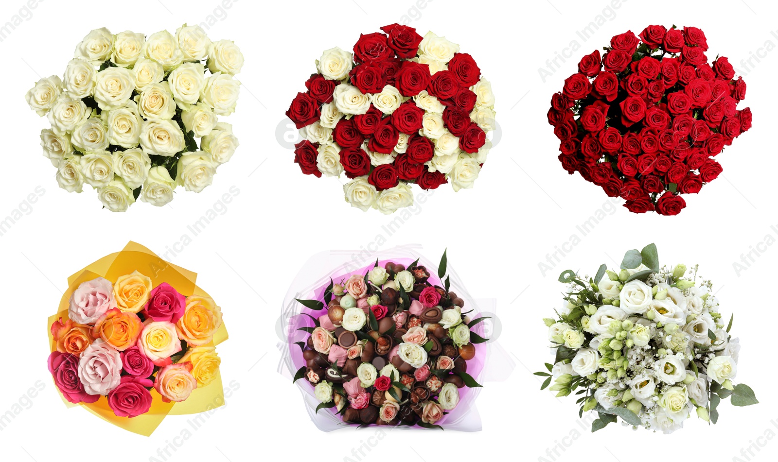 Image of Different beautiful bouquets isolated on white, set