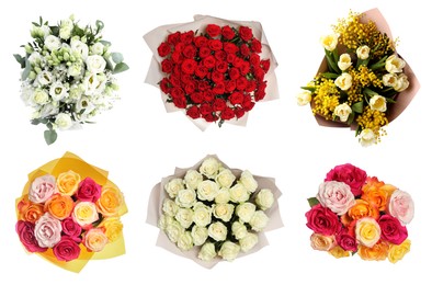 Image of Different beautiful bouquets isolated on white, set