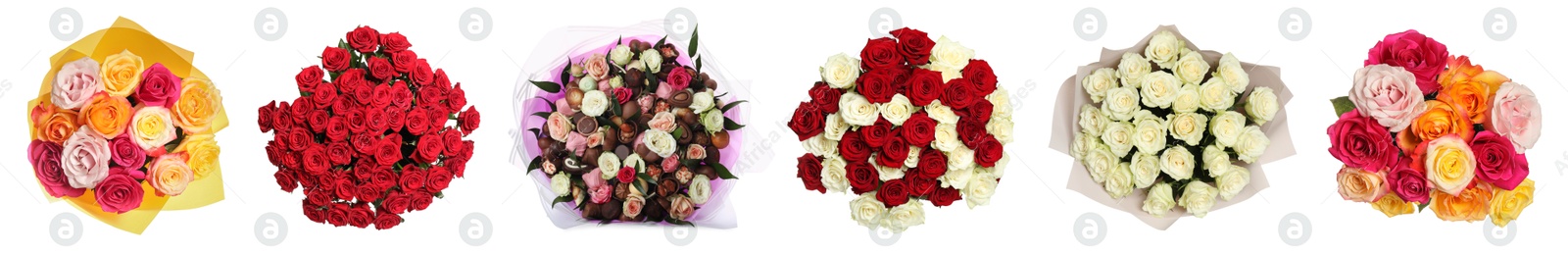 Image of Different beautiful bouquets isolated on white, set