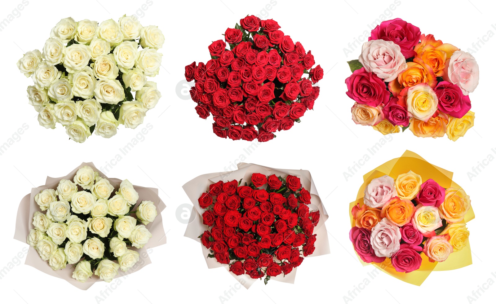 Image of Different beautiful bouquets isolated on white, set