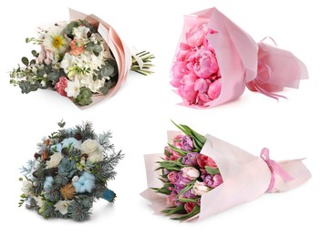 Image of Different beautiful bouquets isolated on white, set