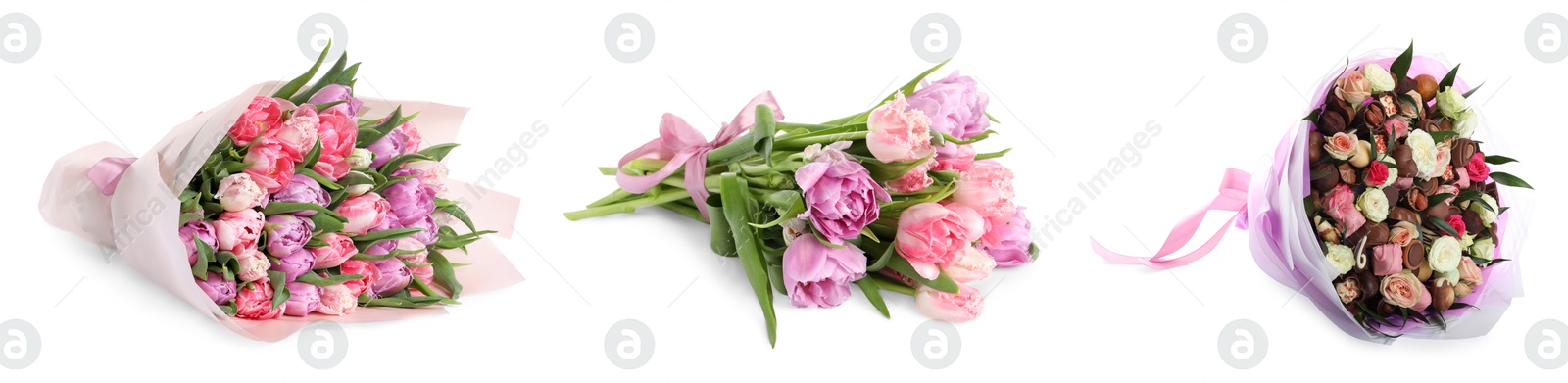 Image of Different beautiful bouquets isolated on white, set