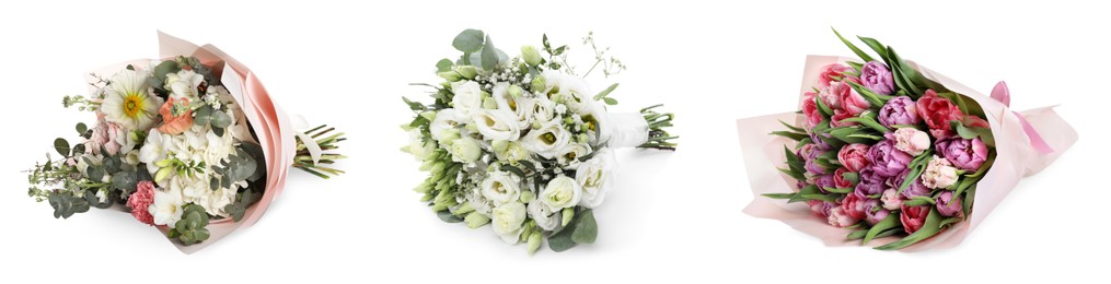 Image of Different beautiful bouquets isolated on white, set