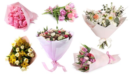 Image of Different beautiful bouquets isolated on white, set