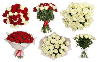 Image of Different beautiful bouquets isolated on white, set