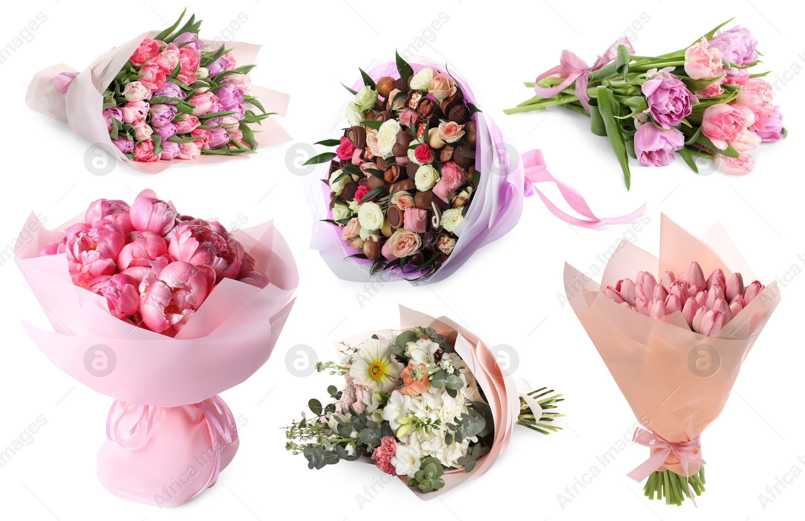 Image of Different beautiful bouquets isolated on white, set