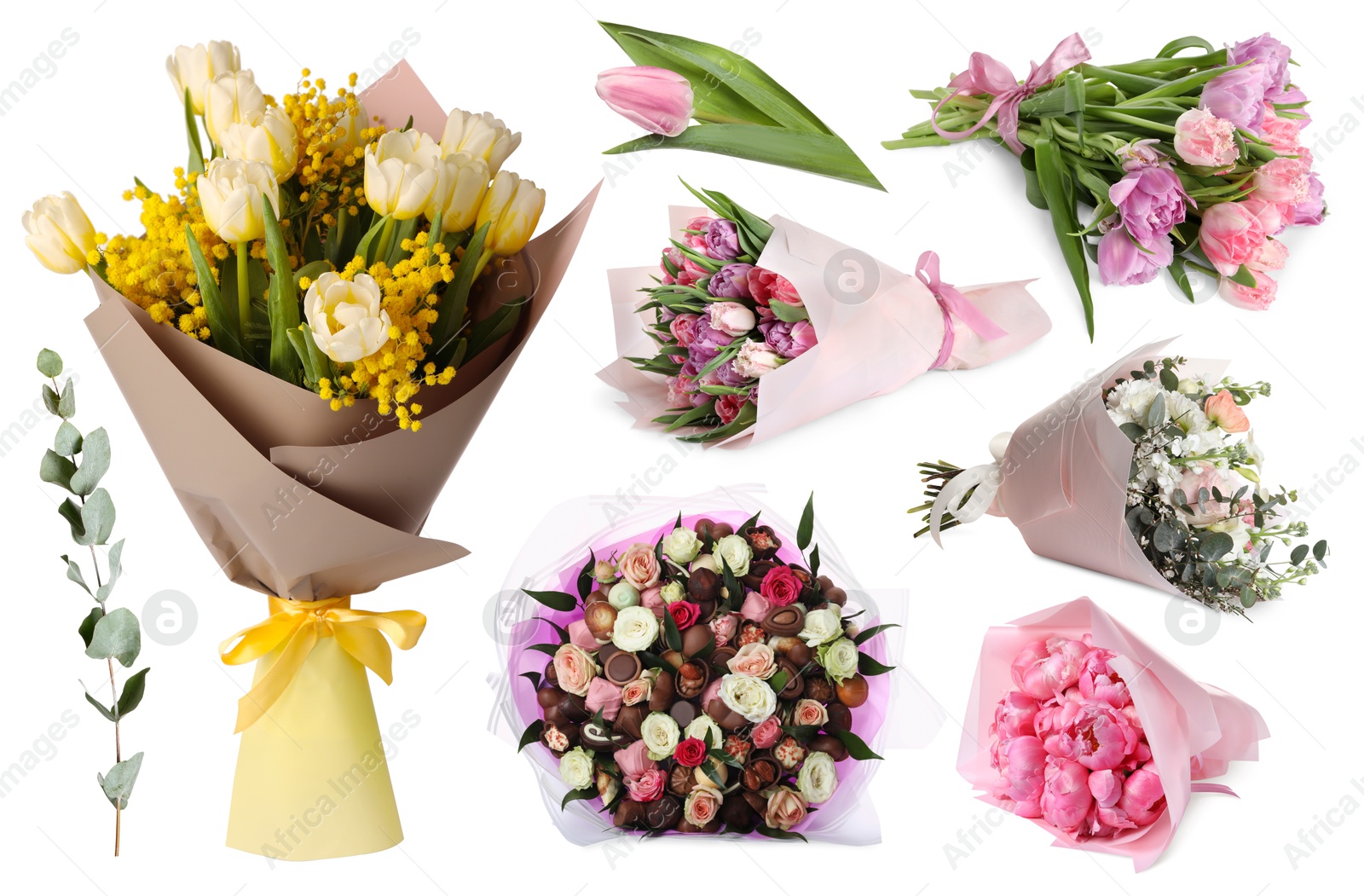 Image of Different beautiful bouquets isolated on white, set