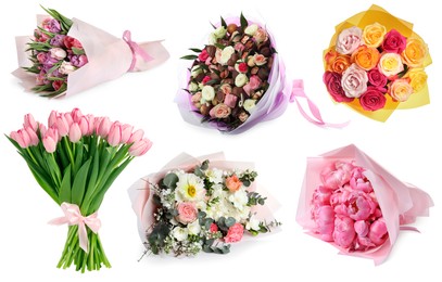 Image of Different beautiful bouquets isolated on white, set