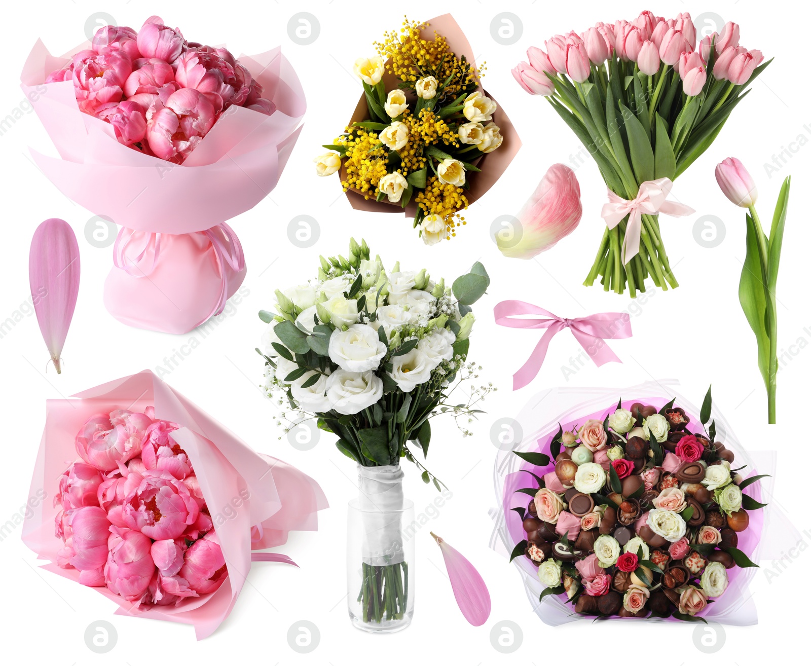 Image of Different beautiful bouquets isolated on white, set