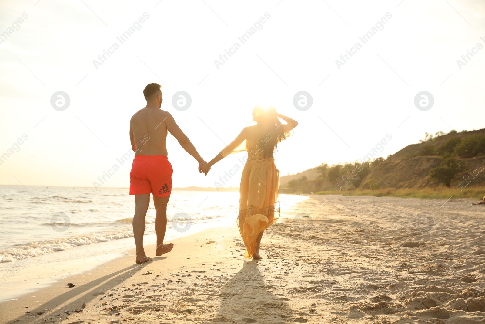 Photo of Lovely couple walking together on beach at sunset, back view