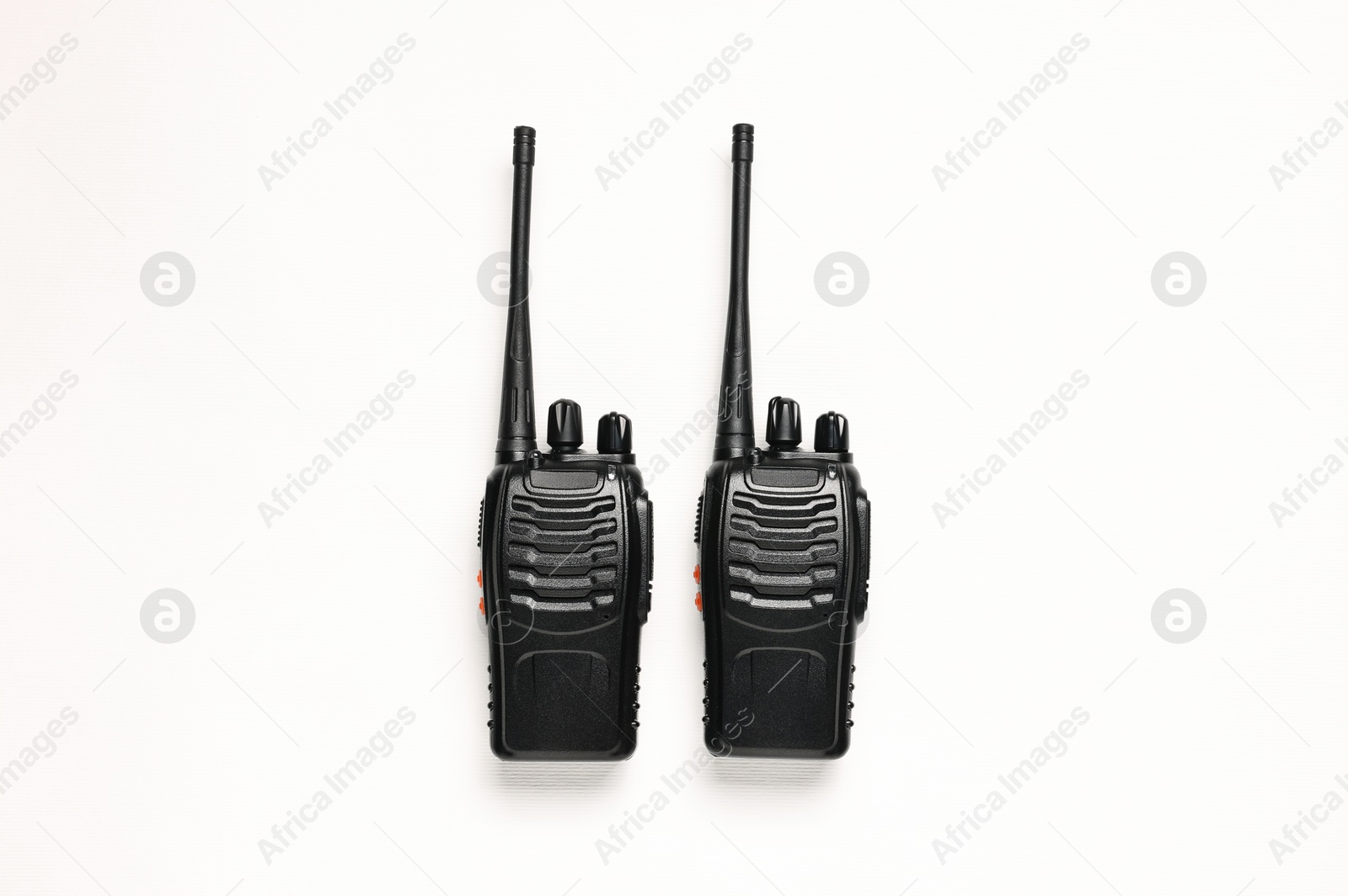 Photo of Walkie talkies on white background, top view