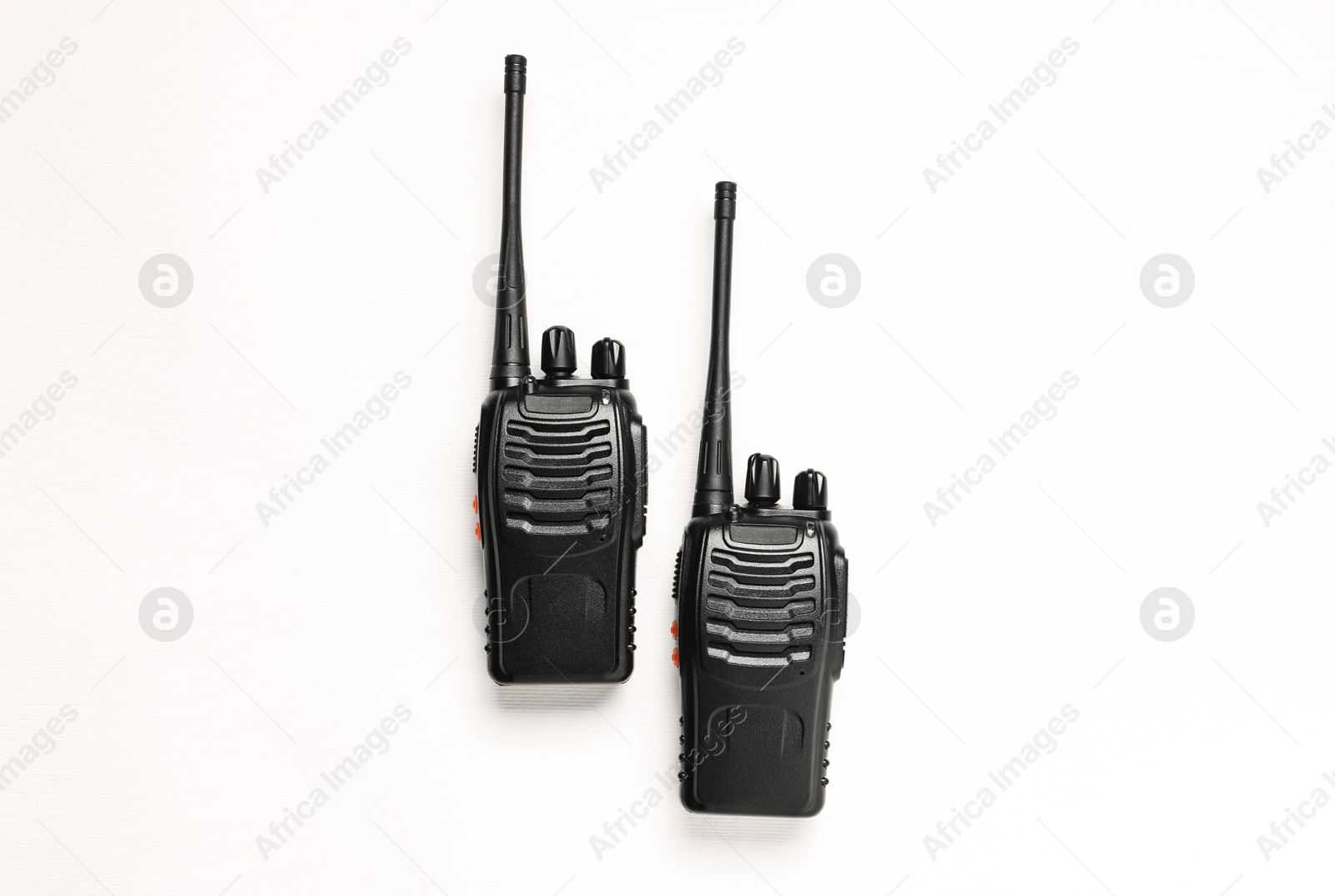 Photo of Walkie talkies on white background, top view