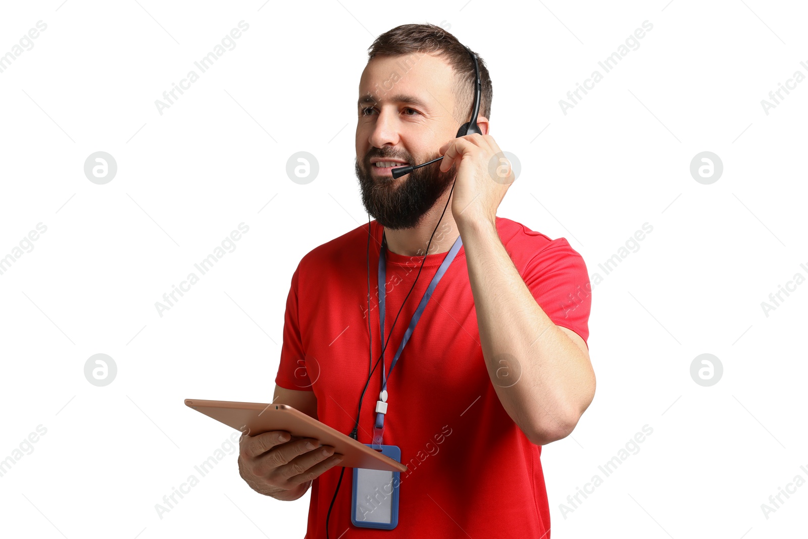 Photo of Technical support call center. Smiling operator with tablet on white background