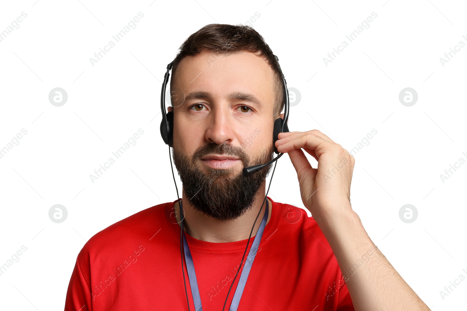 Photo of Technical support call center. Portrait of operator on white background