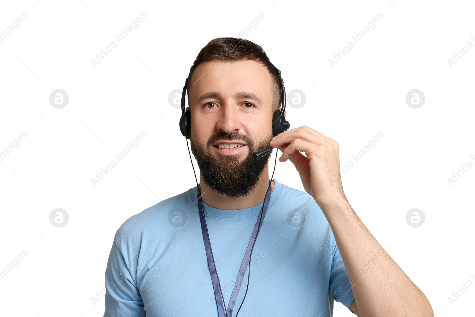 Photo of Technical support call center. Portrait of smiling operator on white background