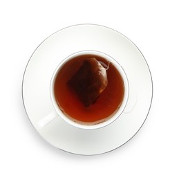 Photo of Tea bag in cup with hot drink isolated on white, top view