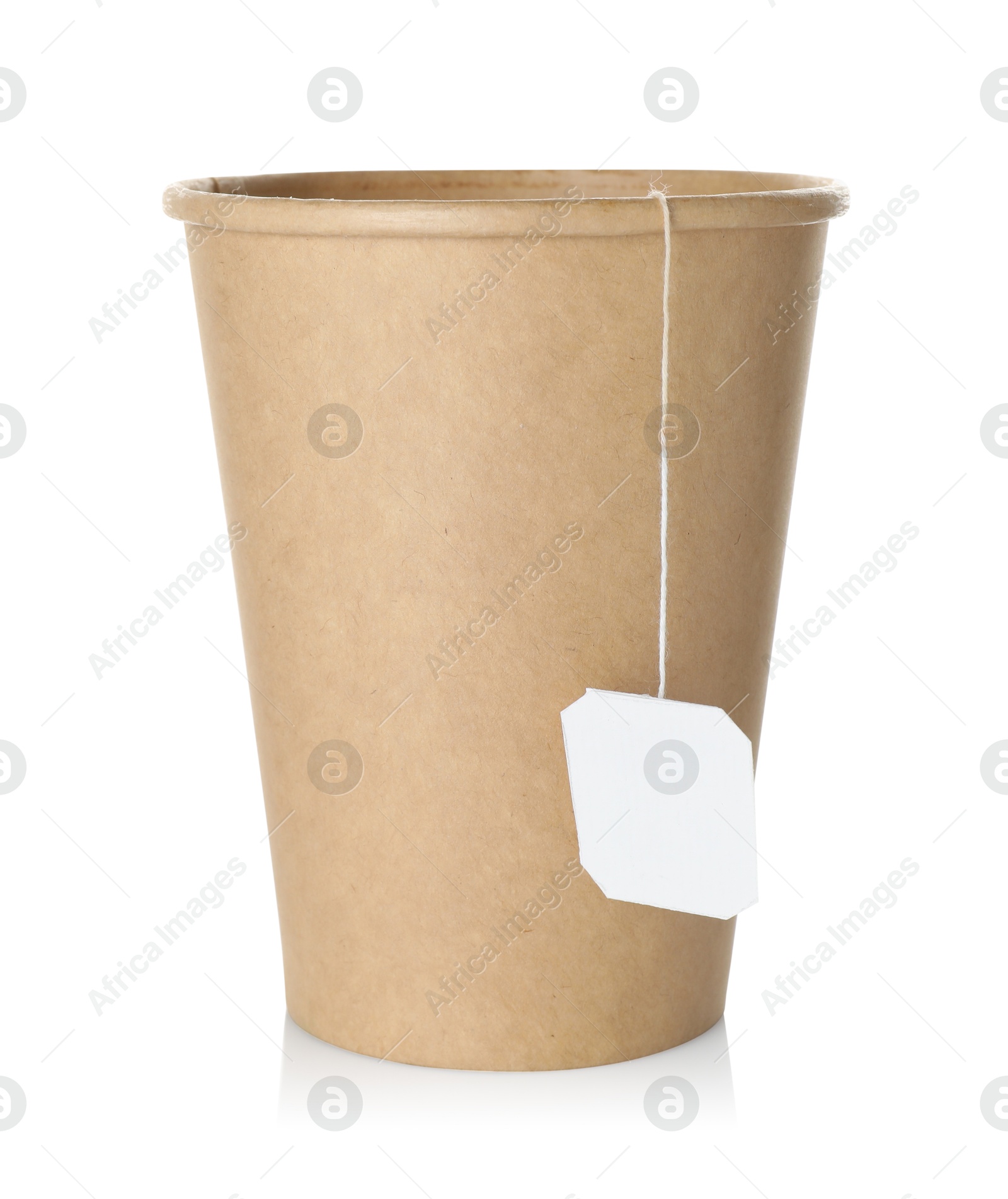 Photo of Tea bag in paper cup isolated on white