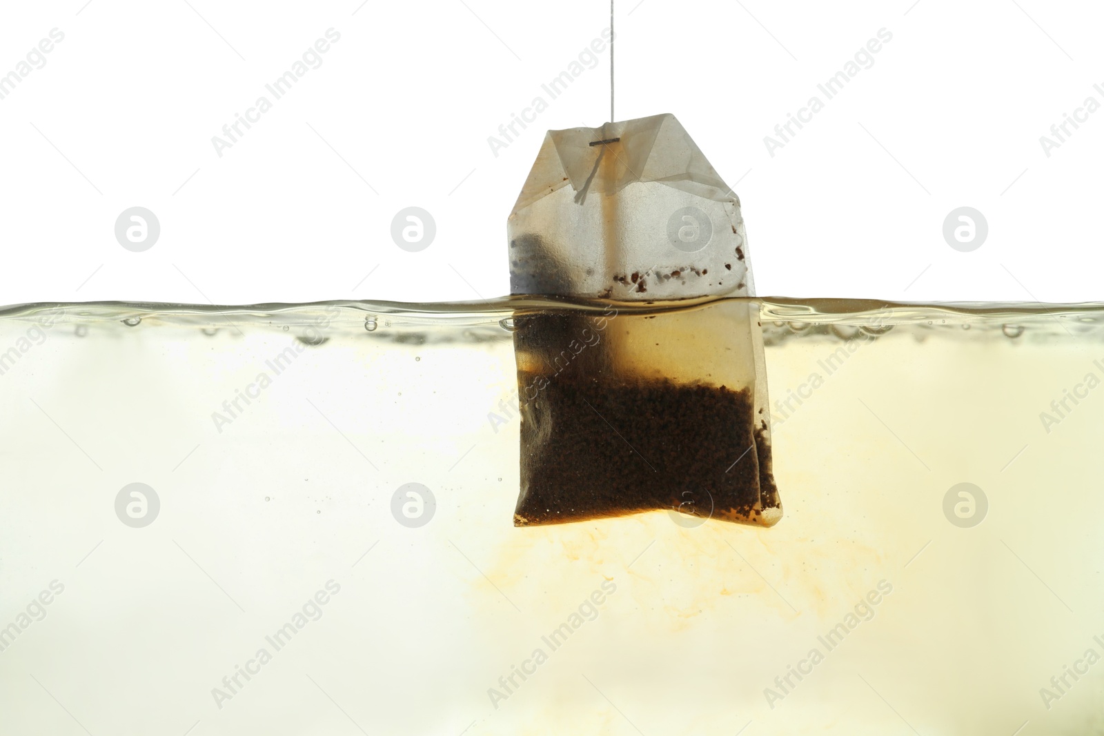 Photo of Putting tea bag into glass cup on white background, closeup