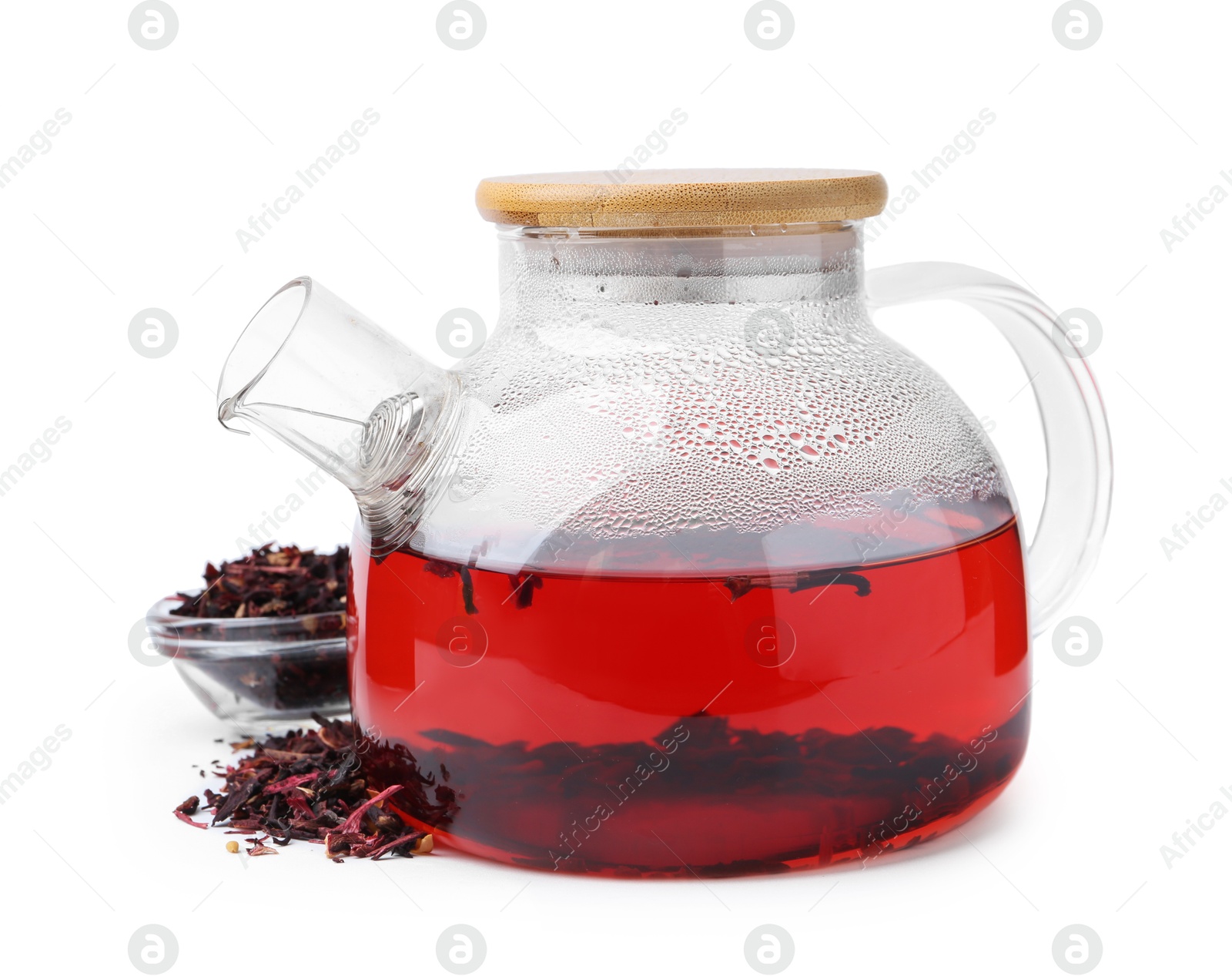 Photo of Tasty hibiscus tea in teapot isolated on white