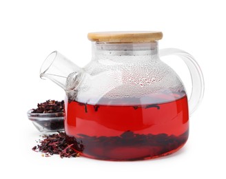 Photo of Tasty hibiscus tea in teapot isolated on white