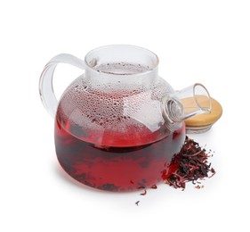 Photo of Tasty hibiscus tea in teapot isolated on white