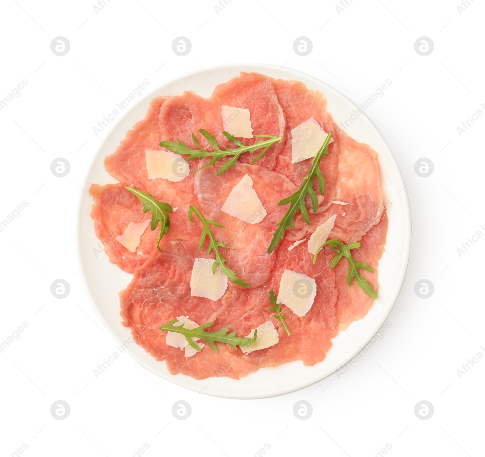 Photo of Delicious beef carpaccio with arugula and cheese isolated on white, top view