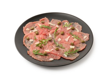 Photo of Delicious beef carpaccio with arugula, capers and cheese isolated on white