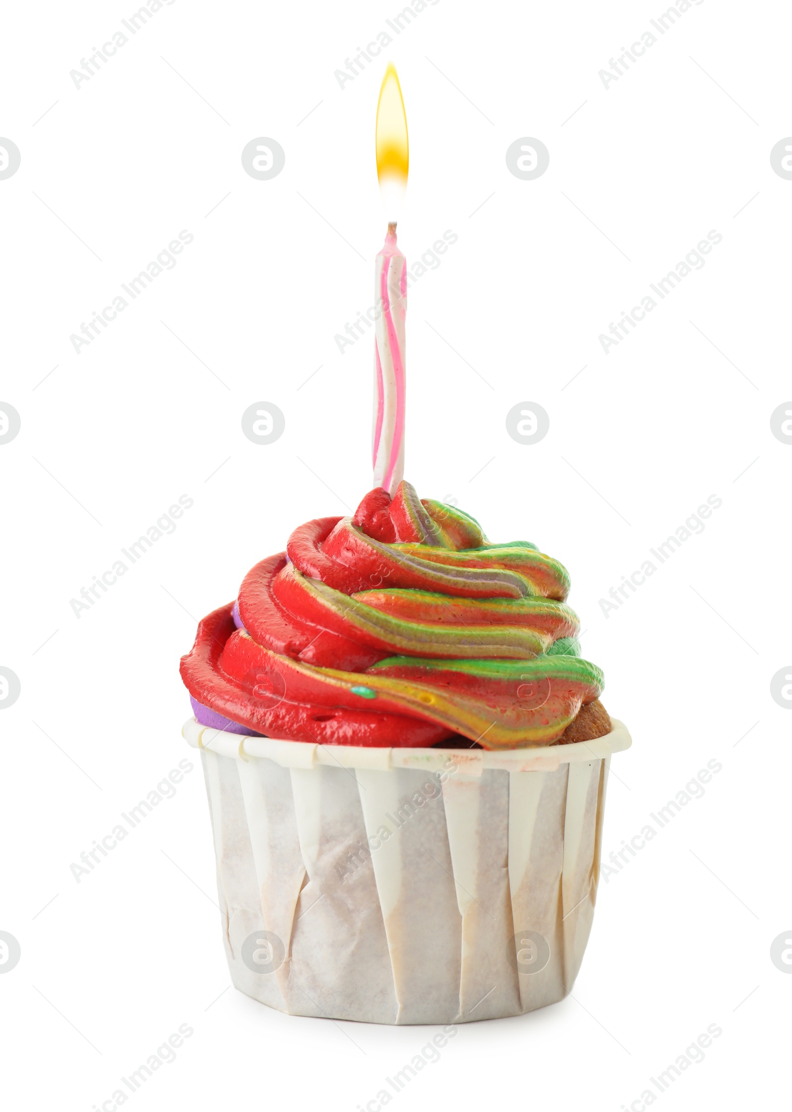 Photo of Delicious cupcake with colorful cream and candle isolated on white