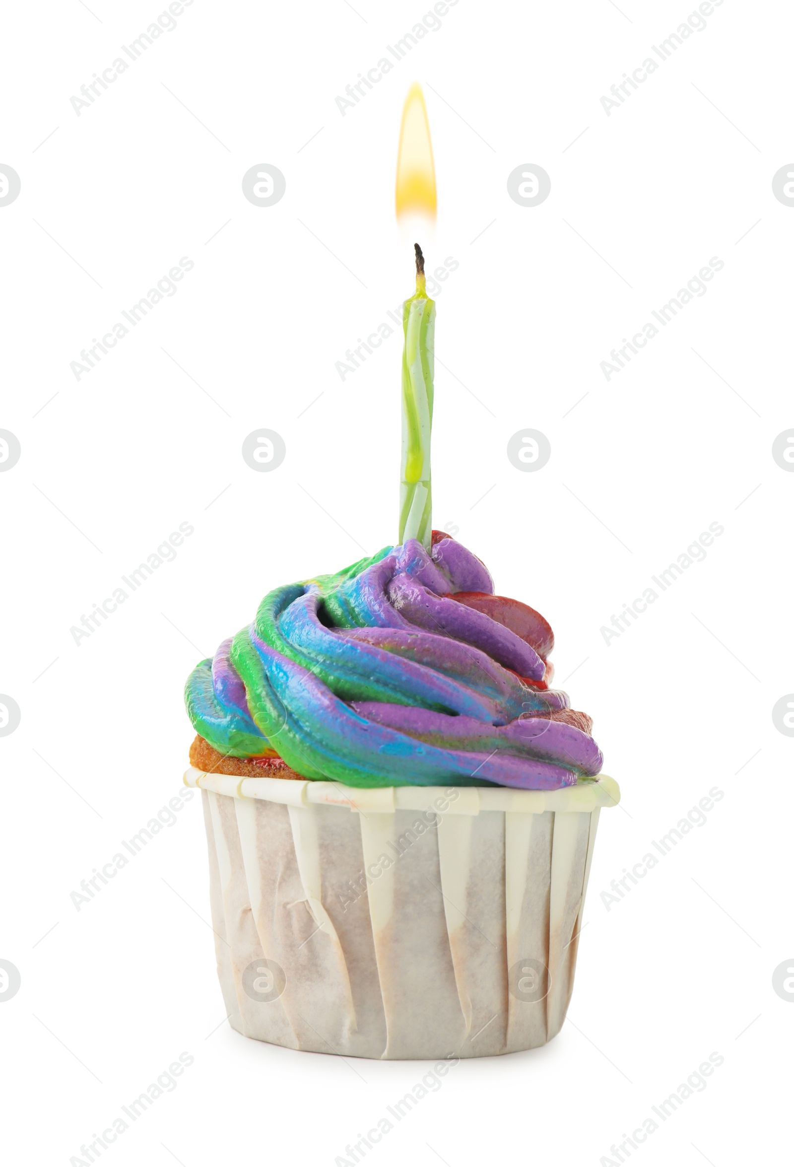 Photo of Delicious cupcake with colorful cream and candle isolated on white