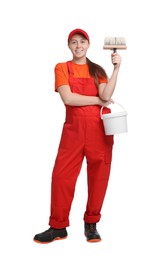 Photo of Professional painter with brush and bucket of paint on white background