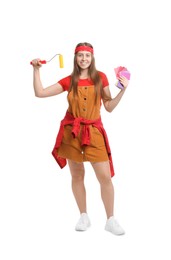 Photo of Woman with paint roller and color samples on white background