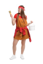 Photo of Woman with brush and bucket of paint on white background