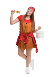 Photo of Woman with brush and bucket of paint on white background