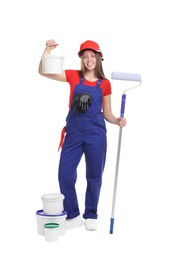 Photo of Professional painter with roller and buckets of paint on white background