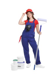 Photo of Professional painter with roller and buckets of paint on white background