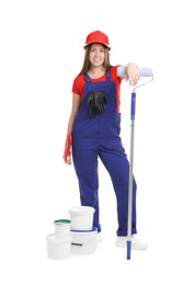 Photo of Professional painter with roller and buckets of paint on white background